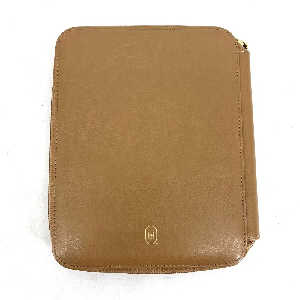 Tommy Hilfiger 7x9 Tan Leather Organizer Folio Portfolio Zippered Case Brown